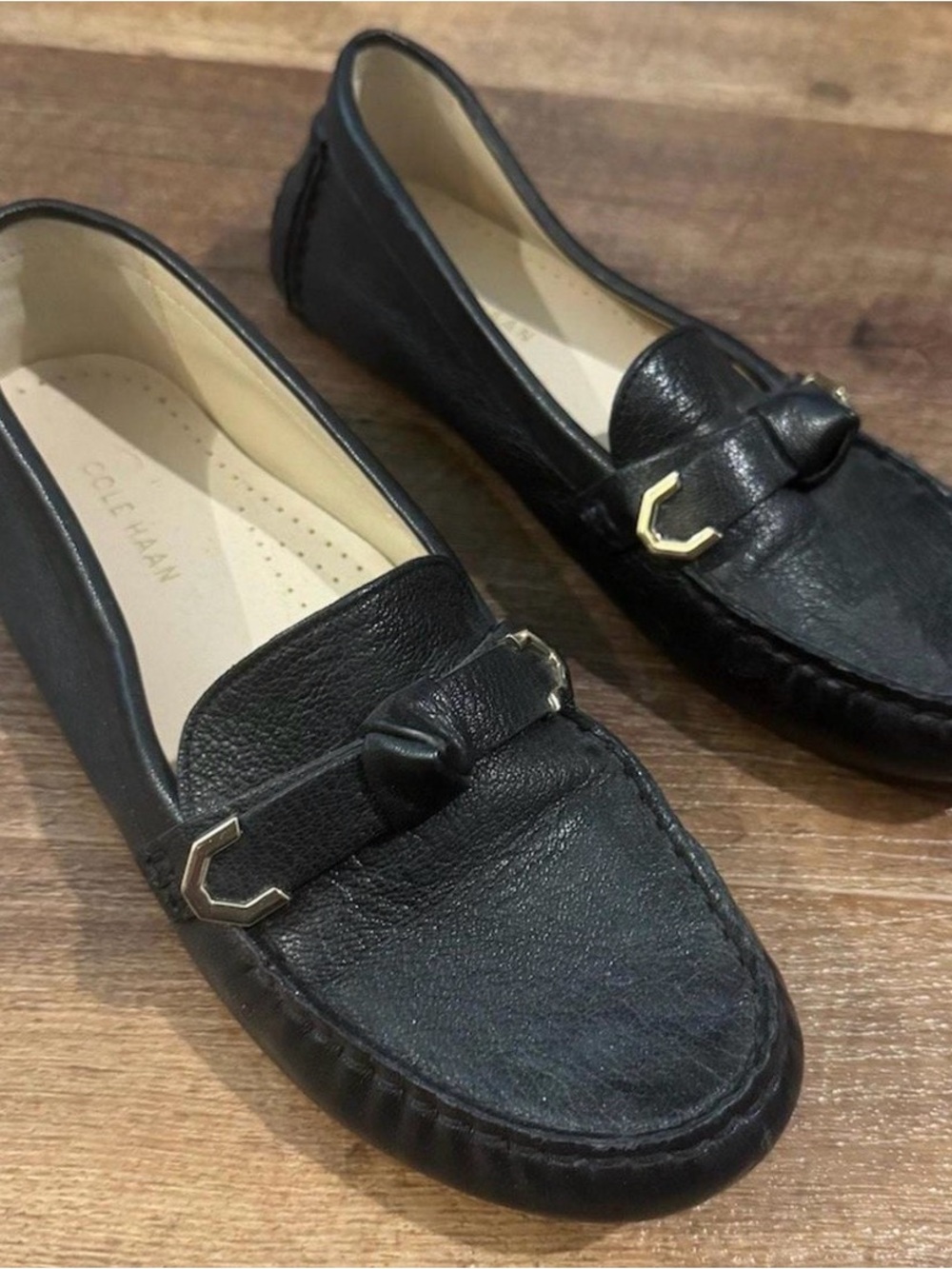 Cole Haan Black Leather Loafers with Gold Accent